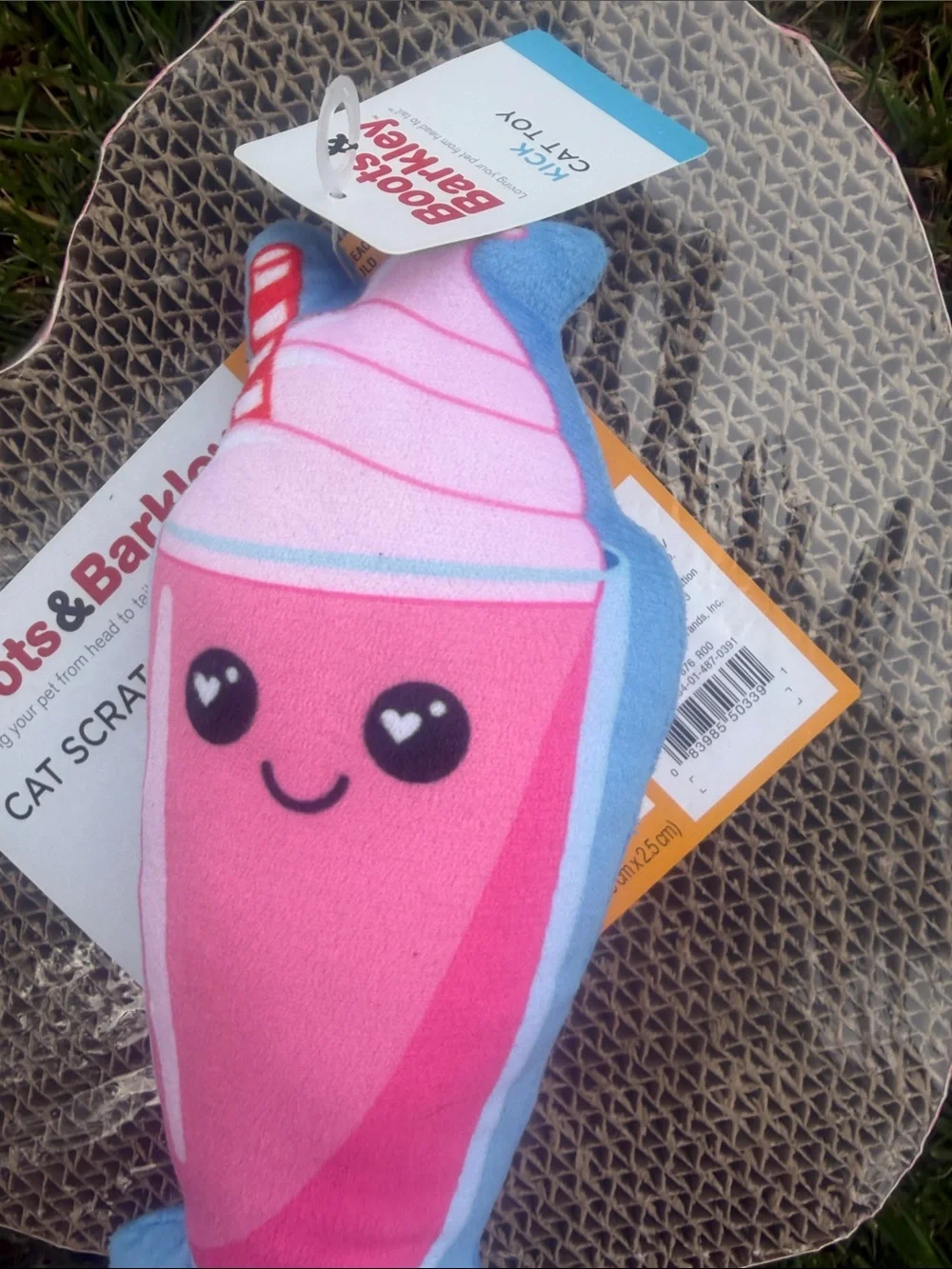 Boots & Barkley Pink Plush Milkshake Cat Toy with Blue Dish and Heart Scratcher